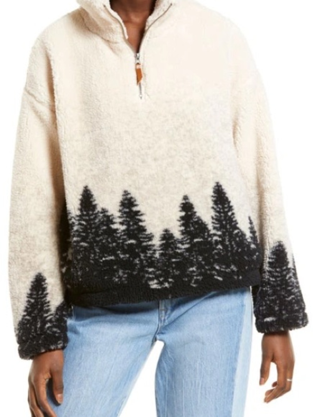 Thread & Supply Cream and Black Tree-Print Half-Zip Sweater